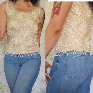 1960s Beaded Wool Top Pale Beads, Some Missing besds 32 waist 34 bust 35